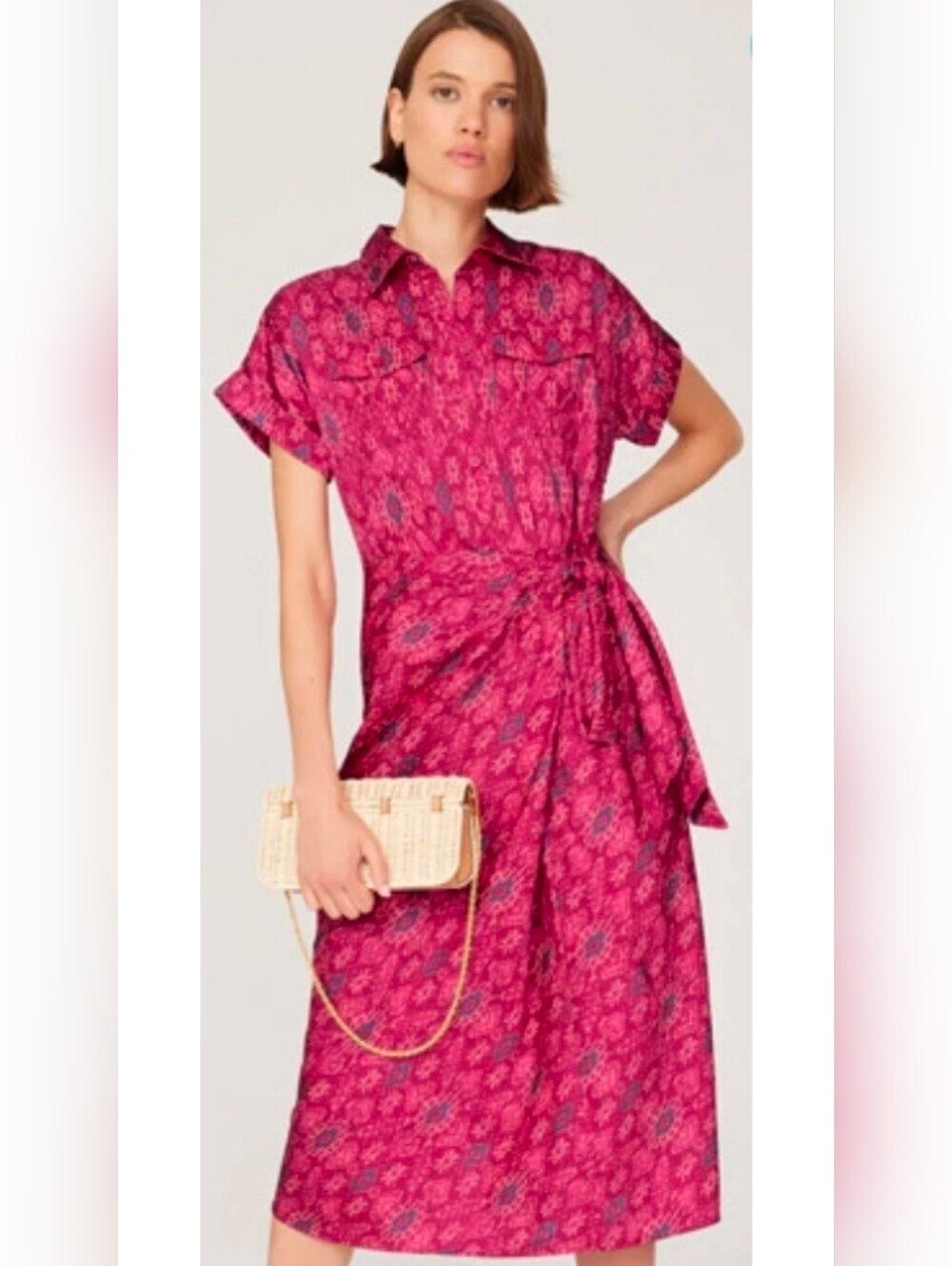 Ralph Lauren Fuchsia Pink Floral Tie-Waist Midi Dress